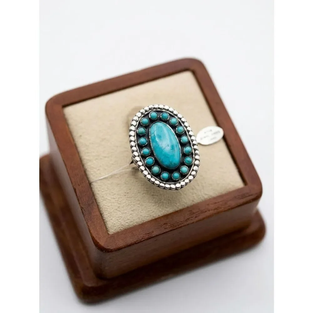 Vintage Style Sterling Silver Turquoise Cluster Statement Ring Southwestern Boho
